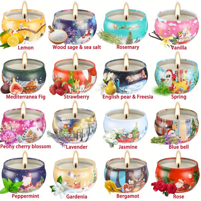 1 Box Of 16pcs 6*4cm [2.4*1.6in] 2.5oz*16 Christmas Pattern Canned Scented Plant Essential Oil Soybean Wax Scented Candle - Soybean Wax, Versatile, This Scented Candle Is Ideal For Gift Sets, Holidays And Festivals, And Home Improvement - 图片 2