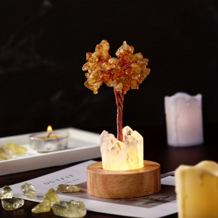 [Magic Crystal, Handmade Night Light] Natural Crystal Tree Night Light - Handmade Clear Quartz with Wood Base - Decorative Bedside Atmosphere Lamp, Home & Office Decor, Gift Idea - 图片 2