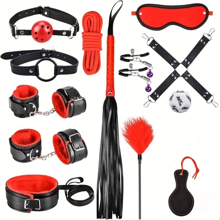 13 PCS Extreme Bondage Set] 13 PCS SM Bondage Set, Sex Toys, Extreme Sex, BDSM Bondage Sex Set, Couples Erotic Toys, SM Sex Toys with Handcuffs, Ankle Mask, for Beginners and SM Enthusiasts (Black and red) - 图片 6
