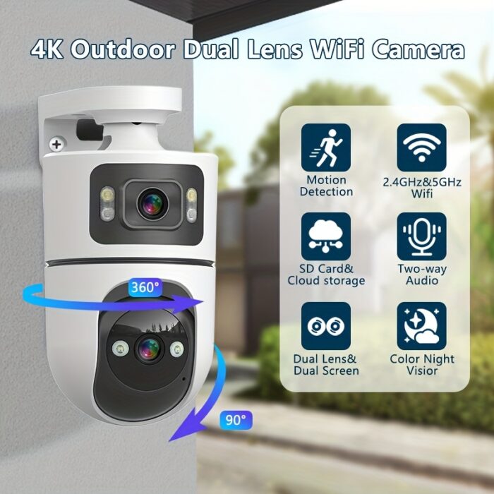 1pc 4K Outdoor Dual Lens WiFi Security Camera with Motion Detection, Two-Way Audio, 3-Night Vision, SDHC/SDXC Card Support, USB Powered for Home Surveillance, Dualscreen Display | Highresolution Recording - 图片 11
