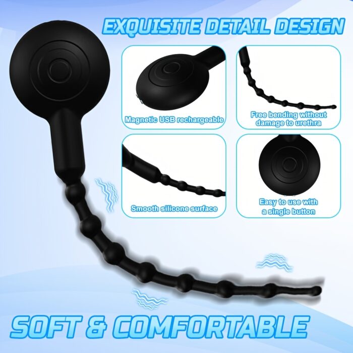 1pc Vibrating Urethral Sounds Penis Plug Male Sex Toys, Penis Dilators Male Masturbation For Penis Stimulation With 10 Vibration Modes, Flexible Silicone Urethral Plug Beads With 8 Gradually Increase Beads Sex Toy For Men - 图片 9