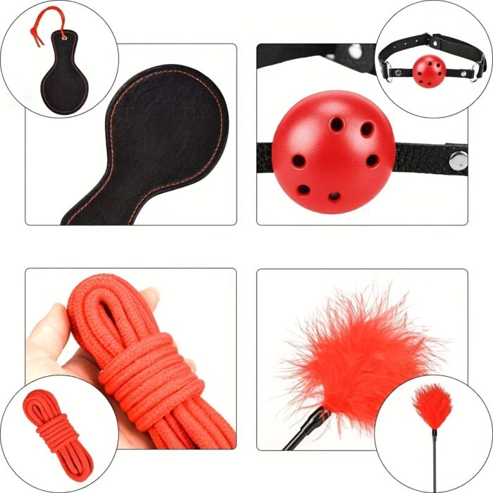 13 PCS Extreme Bondage Set] 13 PCS SM Bondage Set, Sex Toys, Extreme Sex, BDSM Bondage Sex Set, Couples Erotic Toys, SM Sex Toys with Handcuffs, Ankle Mask, for Beginners and SM Enthusiasts (Black and red) - 图片 5