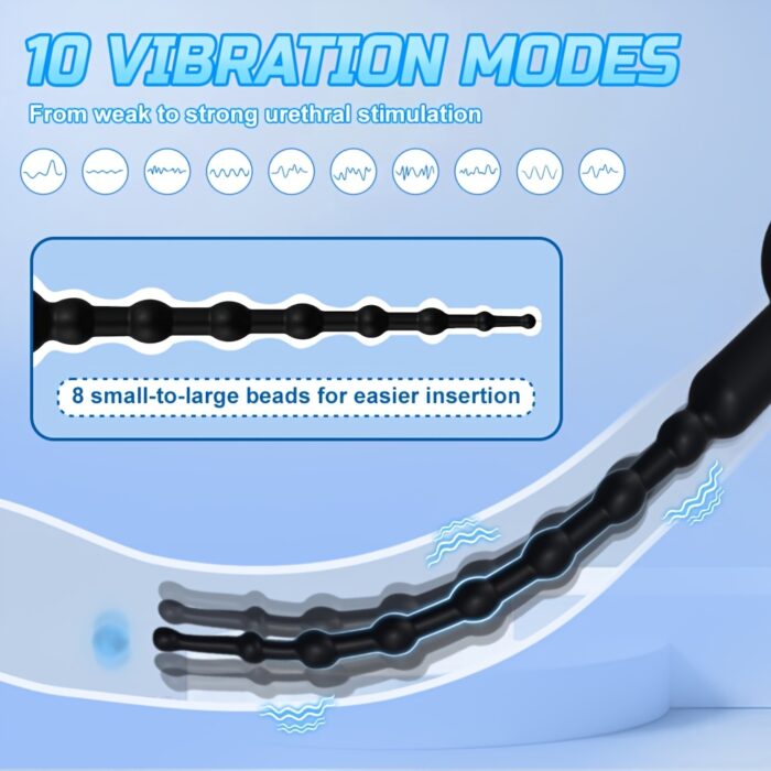 1pc Vibrating Urethral Sounds Penis Plug Male Sex Toys, Penis Dilators Male Masturbation For Penis Stimulation With 10 Vibration Modes, Flexible Silicone Urethral Plug Beads With 8 Gradually Increase Beads Sex Toy For Men - 图片 8