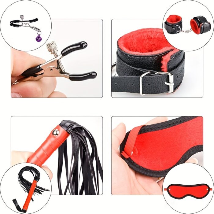 13 PCS Extreme Bondage Set] 13 PCS SM Bondage Set, Sex Toys, Extreme Sex, BDSM Bondage Sex Set, Couples Erotic Toys, SM Sex Toys with Handcuffs, Ankle Mask, for Beginners and SM Enthusiasts (Black and red) - 图片 3
