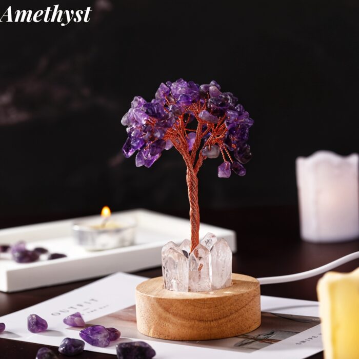 [Magic Crystal, Handmade Night Light] Natural Crystal Tree Night Light - Handmade Clear Quartz with Wood Base - Decorative Bedside Atmosphere Lamp, Home & Office Decor, Gift Idea - 图片 7