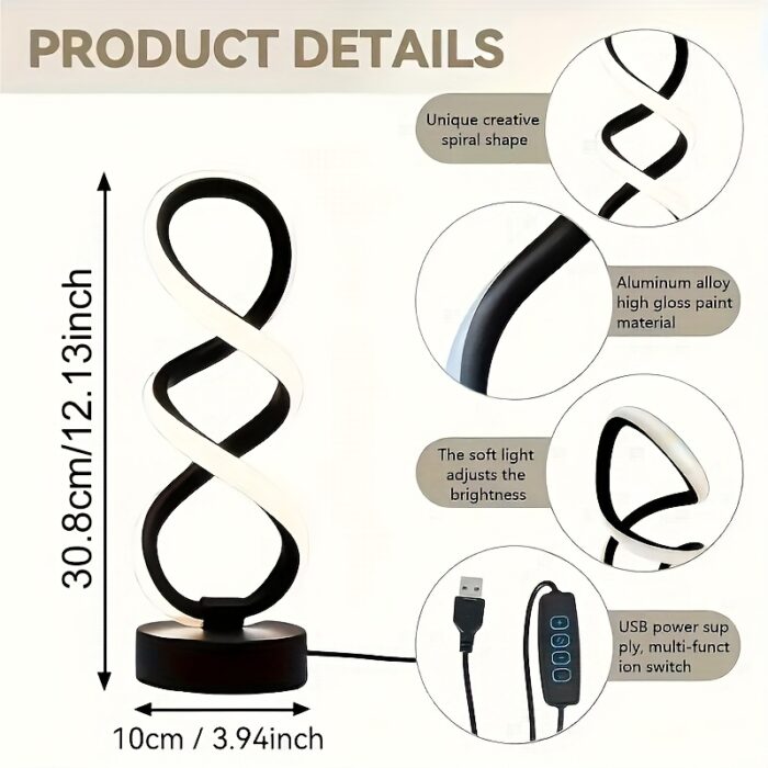 [Dimmable Spiral LED Lamp] Dimmable Modern Spiral LED Table Lamp | Touch Control Desk Light with Metal Base, Adjustable Brightness, USB Powered, Sleek White & Black Design for Bedroom, Living Room, Office, or Bar Decor - 图片 9