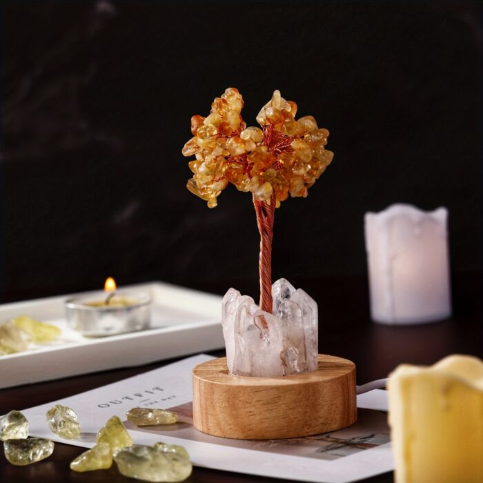 [Magic Crystal, Handmade Night Light] Natural Crystal Tree Night Light - Handmade Clear Quartz with Wood Base - Decorative Bedside Atmosphere Lamp, Home & Office Decor, Gift Idea - 图片 4