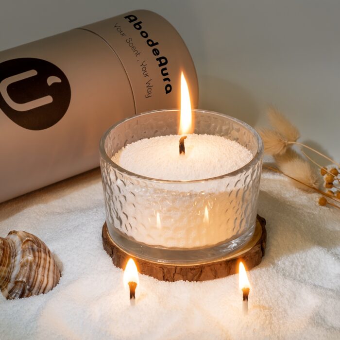 [18oz Sea Breeze Scented Candle] Scented Pearled Candle - Oceanic Blossom Candle Set: 18oz Sea Breeze & Jasmine Scent, Pearlized Floating Long Lasting Candles, Refillable Sand Candle with 30 Wicks, Levitating White Palm Wax Candle in Glass Holder - 图片 4