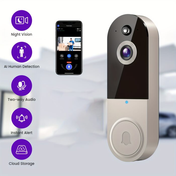 1080P HD Video Doorbell Camera with AI Human Detection, Two-Way Audio, Infrared Night Vision, Wireless Wi-Fi, Rechargeable Battery & Cloud Storage (AES-128 Encryption) for Indoor Security Monitoring, Visitor Identification, Easy Installation - 图片 8