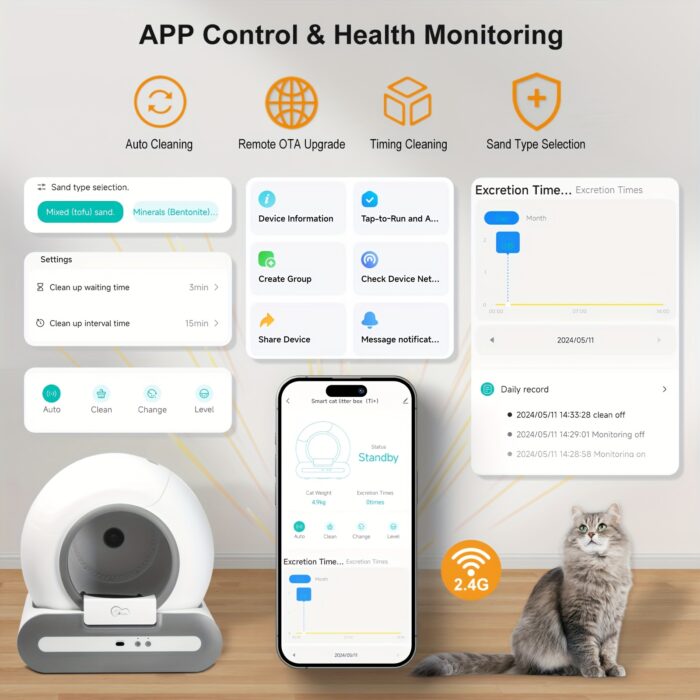 DOEL Smart Self-Cleaning Automatic Cat Litter Box with App Control & 2.4G WiFi, 17.17gal Large Capacity, Litter Mat & Trash Bags, Infrared & Gravity Sensors, Sleek White Oval Design for Cats 3.3-15 lbs, Self Cleaning Litter Box, Wireless Connectivity Pet Device, Self Cleaning Toilet, Stylish Pet Product, Highquality Pet Product, Wifi Enabled, Cat Owners - 图片 7