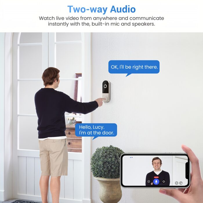 1080P HD Video Doorbell Camera with AI Human Detection, Two-Way Audio, Infrared Night Vision, Wireless Wi-Fi, Rechargeable Battery & Cloud Storage (AES-128 Encryption) for Indoor Security Monitoring, Visitor Identification, Easy Installation - 图片 6