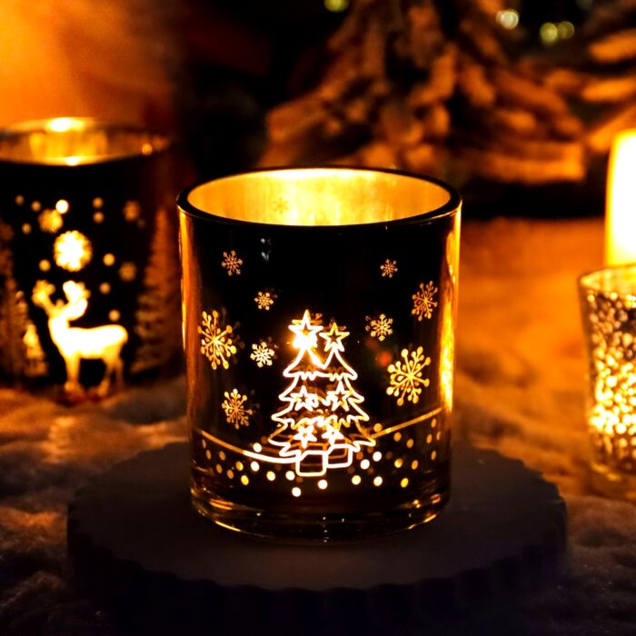Golden & Black 10oz Glass Candle Jar 1pc - Festive Christmas Tree & Reindeer Designs - Ideal for Holiday Decorations, Gifts, and Seasonal Ambiance - 图片 13