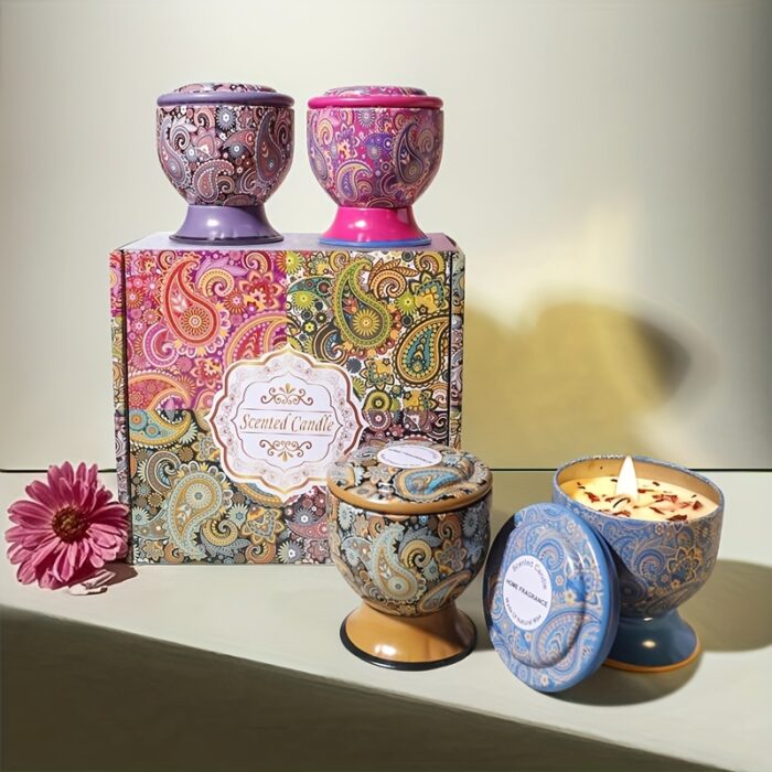 4pcs 3.5oz Scented Candle Gift Set with Elegant Tall Glass and Floral Ethnic Design, Perfect for Weddings, Holidays, Thank You Gifts, Relaxation, and Home Decor Holiday Keepsakes - 图片 11