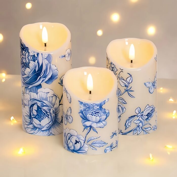 Blue Flameless Pillar Candles (Set Of 3), Blue Flower Design, Ideal for Wedding Decor, Birthday Gift, Party Decor, Summer Decor, Father's Day Gift, Bedroom Decor, Table Centerpiece, Christmas Decorations, Battery Not Included - 图片 11