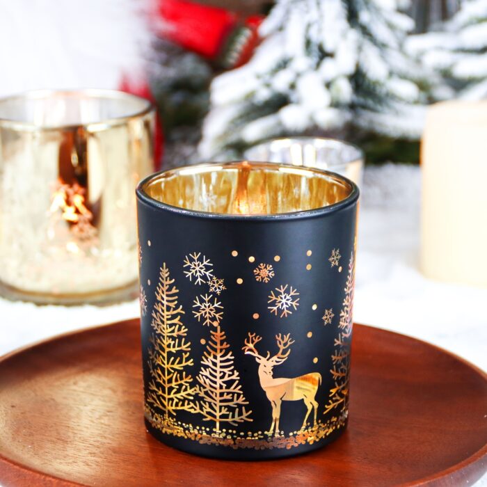 Golden & Black 10oz Glass Candle Jar 1pc - Festive Christmas Tree & Reindeer Designs - Ideal for Holiday Decorations, Gifts, and Seasonal Ambiance - 图片 12