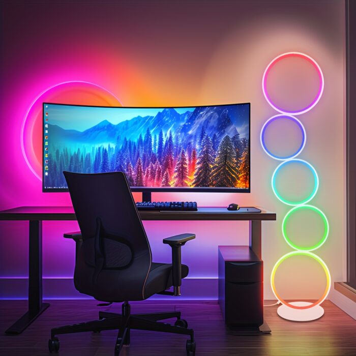 [RGBW Modern Floor Lamp] 43-Inch 5-Ring RGBW Modern Standing Reading Floor Lamp - Dimmable White LED Color-Changing Ambient Light with Remote - Suitable for Bedroom, Living Room, And Game Room - 图片 9