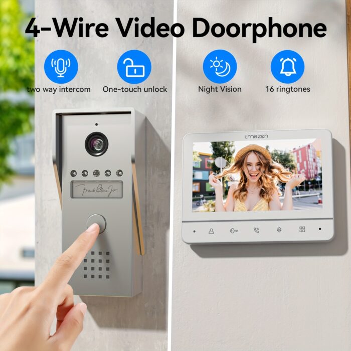1pc TMEZON Wired Video Doorbell Intercom System with 7" Indoor Monitor & Outdoor Camera - One-Touch Unlock, Two-Way Audio, Night Vision, Heavy-Duty Doorbell Station - Hardwired Security System for Apartment, Office, House - DC Power Supply (No Batteries Needed) - Ideal for Front Door, Commercial/Residential Use, Office Entry Management, Antivandal Construction, Highdefinition Display - 图片 9