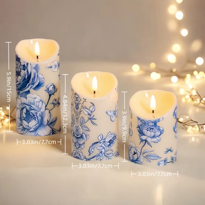 Blue Flameless Pillar Candles (Set Of 3), Blue Flower Design, Ideal for Wedding Decor, Birthday Gift, Party Decor, Summer Decor, Father's Day Gift, Bedroom Decor, Table Centerpiece, Christmas Decorations, Battery Not Included - 图片 9