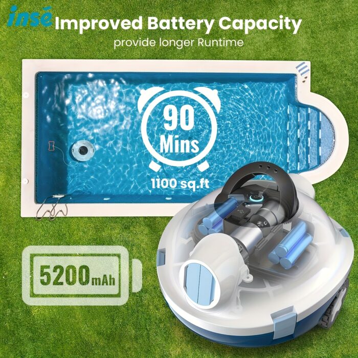 2025 New INSE Cordless Robotic Pool Cleaner, Automatic Vacuum, 90-Min Long Runtime, Self-Parking, Lightweight, Ideal for Flat Above/In-Ground Pool Up to 65 Feet/1100 Sq.Ft - 图片 11