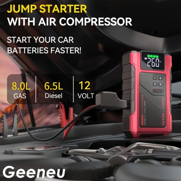 3500A Portable Wireless Car Air Compressor Jump Starter with Air Compressor, Battery Jump Starter Portable Peak, Car Battery Charger Portable For12V (8.0LGas/1.72gal Diesel) Start The Car Quickly, USB Input/output, LED Emergency, Car Accessories Tools - 图片 11