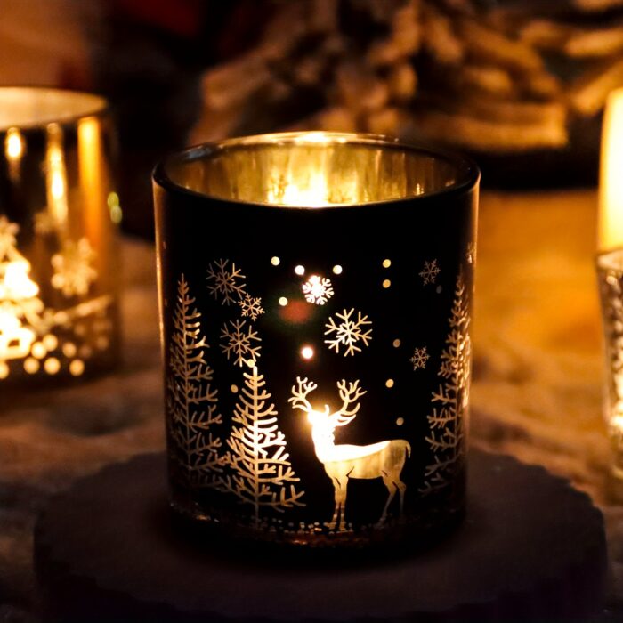 Golden & Black 10oz Glass Candle Jar 1pc - Festive Christmas Tree & Reindeer Designs - Ideal for Holiday Decorations, Gifts, and Seasonal Ambiance - 图片 10