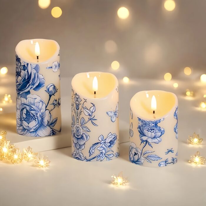 Blue Flameless Pillar Candles (Set Of 3), Blue Flower Design, Ideal for Wedding Decor, Birthday Gift, Party Decor, Summer Decor, Father's Day Gift, Bedroom Decor, Table Centerpiece, Christmas Decorations, Battery Not Included - 图片 8