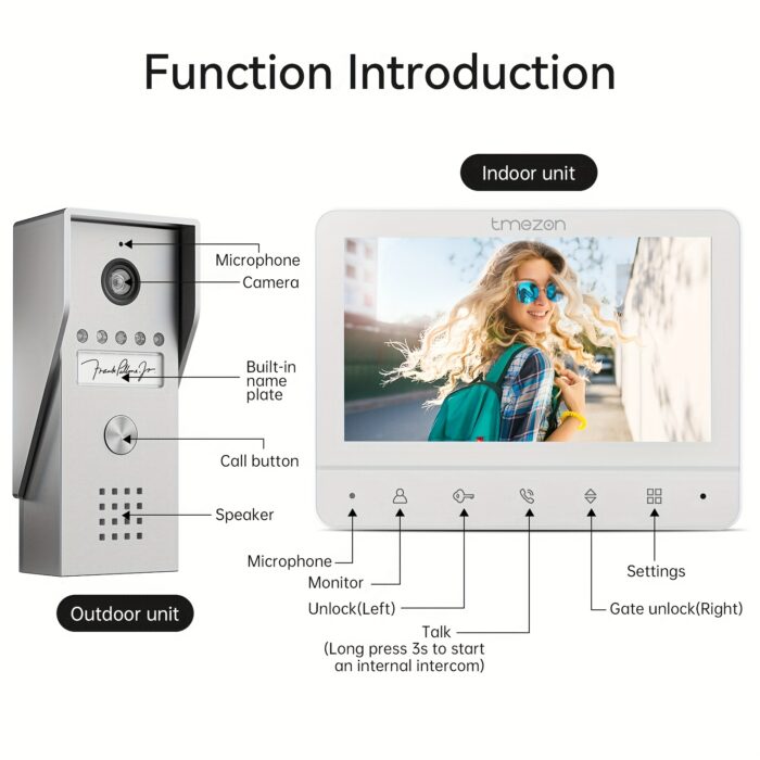 1pc TMEZON Wired Video Doorbell Intercom System with 7" Indoor Monitor & Outdoor Camera - One-Touch Unlock, Two-Way Audio, Night Vision, Heavy-Duty Doorbell Station - Hardwired Security System for Apartment, Office, House - DC Power Supply (No Batteries Needed) - Ideal for Front Door, Commercial/Residential Use, Office Entry Management, Antivandal Construction, Highdefinition Display - 图片 7