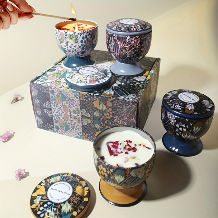 4pcs 3.5oz Scented Candle Gift Set with Elegant Tall Glass and Floral Ethnic Design, Perfect for Weddings, Holidays, Thank You Gifts, Relaxation, and Home Decor Holiday Keepsakes - 图片 7
