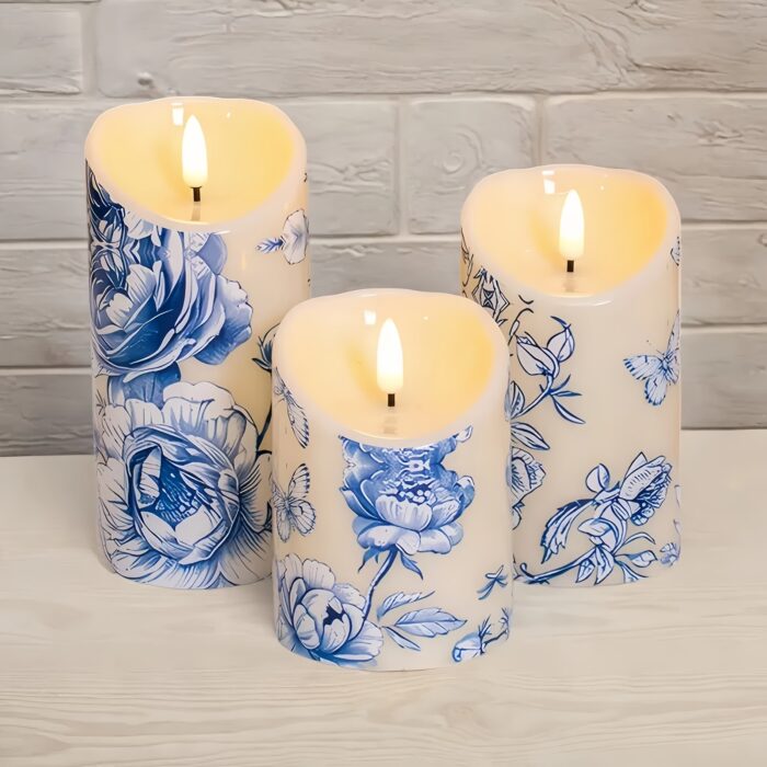 Blue Flameless Pillar Candles (Set Of 3), Blue Flower Design, Ideal for Wedding Decor, Birthday Gift, Party Decor, Summer Decor, Father's Day Gift, Bedroom Decor, Table Centerpiece, Christmas Decorations, Battery Not Included - 图片 7