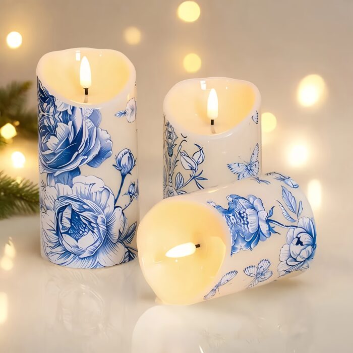 Blue Flameless Pillar Candles (Set Of 3), Blue Flower Design, Ideal for Wedding Decor, Birthday Gift, Party Decor, Summer Decor, Father's Day Gift, Bedroom Decor, Table Centerpiece, Christmas Decorations, Battery Not Included - 图片 6
