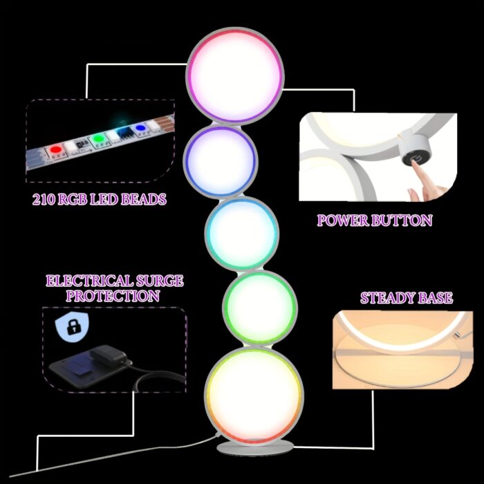 [RGBW Modern Floor Lamp] 43-Inch 5-Ring RGBW Modern Standing Reading Floor Lamp - Dimmable White LED Color-Changing Ambient Light with Remote - Suitable for Bedroom, Living Room, And Game Room - 图片 5