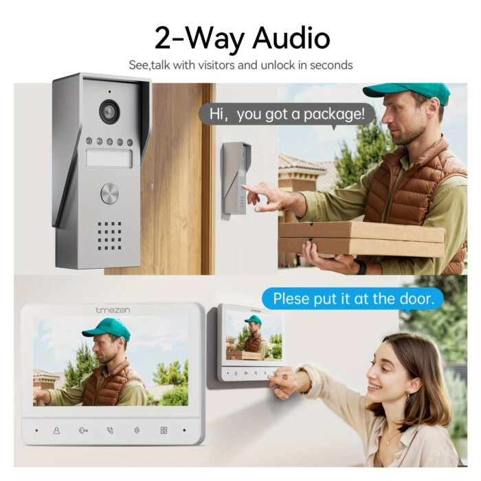 1pc TMEZON Wired Video Doorbell Intercom System with 7" Indoor Monitor & Outdoor Camera - One-Touch Unlock, Two-Way Audio, Night Vision, Heavy-Duty Doorbell Station - Hardwired Security System for Apartment, Office, House - DC Power Supply (No Batteries Needed) - Ideal for Front Door, Commercial/Residential Use, Office Entry Management, Antivandal Construction, Highdefinition Display - 图片 5