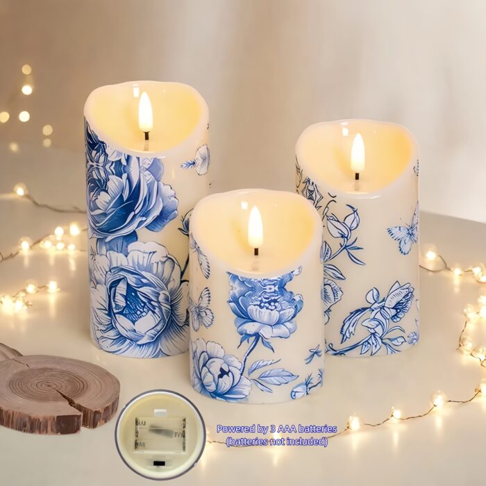 Blue Flameless Pillar Candles (Set Of 3), Blue Flower Design, Ideal for Wedding Decor, Birthday Gift, Party Decor, Summer Decor, Father's Day Gift, Bedroom Decor, Table Centerpiece, Christmas Decorations, Battery Not Included - 图片 5