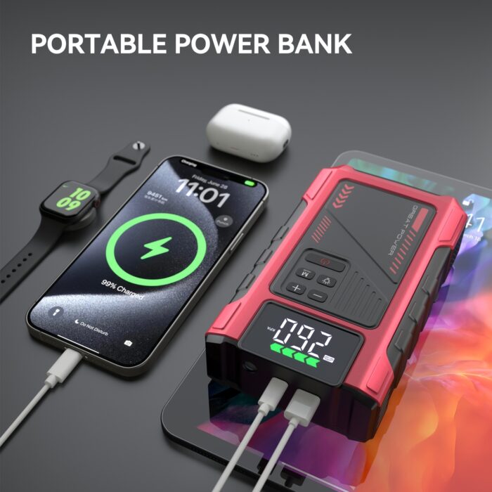 3500A Portable Wireless Car Air Compressor Jump Starter with Air Compressor, Battery Jump Starter Portable Peak, Car Battery Charger Portable For12V (8.0LGas/1.72gal Diesel) Start The Car Quickly, USB Input/output, LED Emergency, Car Accessories Tools - 图片 7