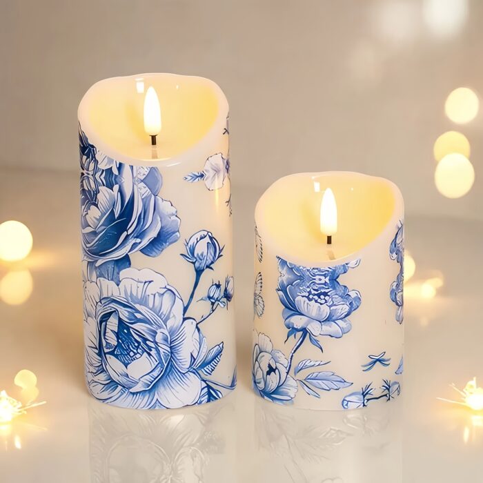 Blue Flameless Pillar Candles (Set Of 3), Blue Flower Design, Ideal for Wedding Decor, Birthday Gift, Party Decor, Summer Decor, Father's Day Gift, Bedroom Decor, Table Centerpiece, Christmas Decorations, Battery Not Included - 图片 4