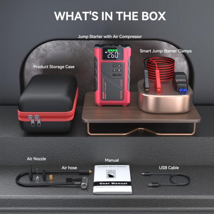 3500A Portable Wireless Car Air Compressor Jump Starter with Air Compressor, Battery Jump Starter Portable Peak, Car Battery Charger Portable For12V (8.0LGas/1.72gal Diesel) Start The Car Quickly, USB Input/output, LED Emergency, Car Accessories Tools - 图片 6