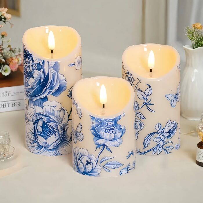Blue Flameless Pillar Candles (Set Of 3), Blue Flower Design, Ideal for Wedding Decor, Birthday Gift, Party Decor, Summer Decor, Father's Day Gift, Bedroom Decor, Table Centerpiece, Christmas Decorations, Battery Not Included - 图片 3