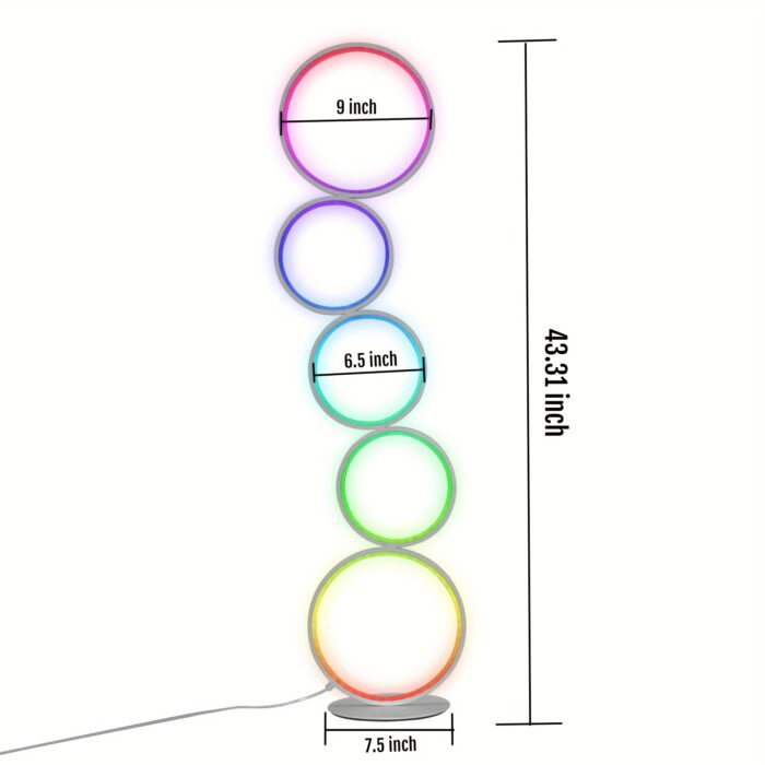 [RGBW Modern Floor Lamp] 43-Inch 5-Ring RGBW Modern Standing Reading Floor Lamp - Dimmable White LED Color-Changing Ambient Light with Remote - Suitable for Bedroom, Living Room, And Game Room - 图片 2