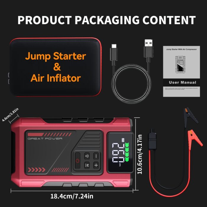 3500A Portable Wireless Car Air Compressor Jump Starter with Air Compressor, Battery Jump Starter Portable Peak, Car Battery Charger Portable For12V (8.0LGas/1.72gal Diesel) Start The Car Quickly, USB Input/output, LED Emergency, Car Accessories Tools - 图片 5