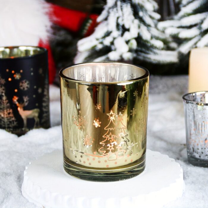 Golden & Black 10oz Glass Candle Jar 1pc - Festive Christmas Tree & Reindeer Designs - Ideal for Holiday Decorations, Gifts, and Seasonal Ambiance - 图片 4