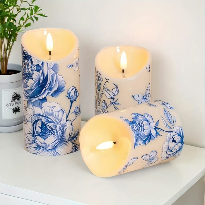 Blue Flameless Pillar Candles (Set Of 3), Blue Flower Design, Ideal for Wedding Decor, Birthday Gift, Party Decor, Summer Decor, Father's Day Gift, Bedroom Decor, Table Centerpiece, Christmas Decorations, Battery Not Included - 图片 2