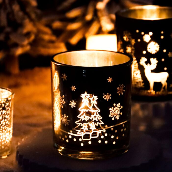 Golden & Black 10oz Glass Candle Jar 1pc - Festive Christmas Tree & Reindeer Designs - Ideal for Holiday Decorations, Gifts, and Seasonal Ambiance - 图片 3