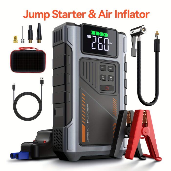 3500A Portable Wireless Car Air Compressor Jump Starter with Air Compressor, Battery Jump Starter Portable Peak, Car Battery Charger Portable For12V (8.0LGas/1.72gal Diesel) Start The Car Quickly, USB Input/output, LED Emergency, Car Accessories Tools - 图片 3