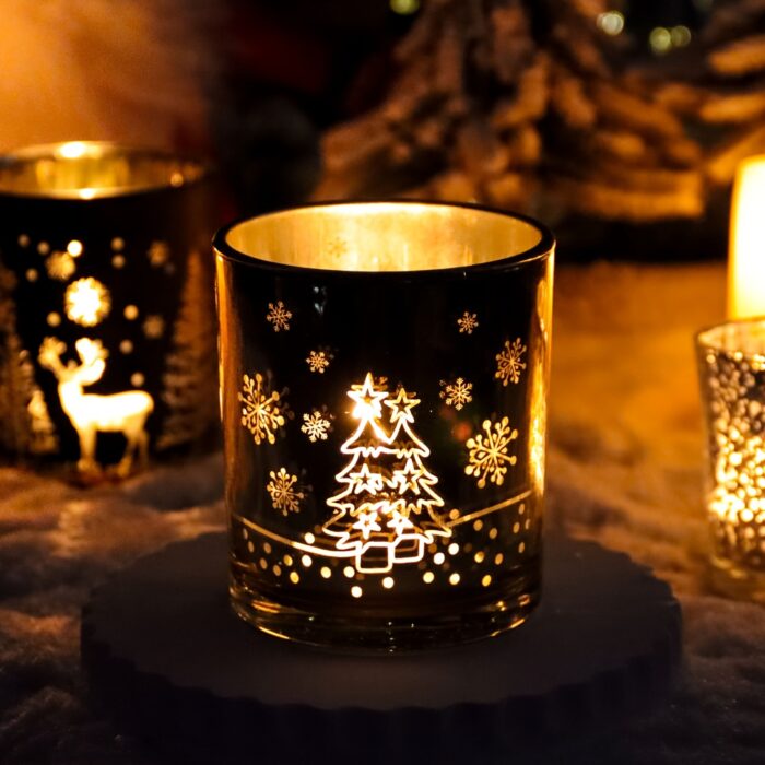 Golden & Black 10oz Glass Candle Jar 1pc - Festive Christmas Tree & Reindeer Designs - Ideal for Holiday Decorations, Gifts, and Seasonal Ambiance - 图片 2
