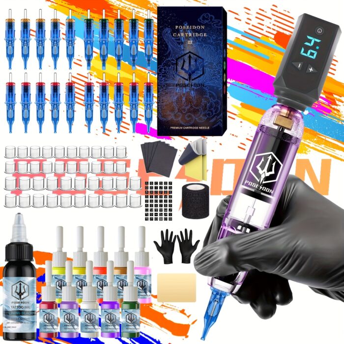 POSEIDON Tattoo Machine Kit Tattoo Gun Kit Complete Set With 20 Tattoo Needles 1500mAh Battery, Tattoo Machine Cordless Tattoo Machine Tattoo Supplies 11 Tattoo Inks Complete Cordless Machine For Beginners And Tattoo Artists, Perfect Gift - 图片 13