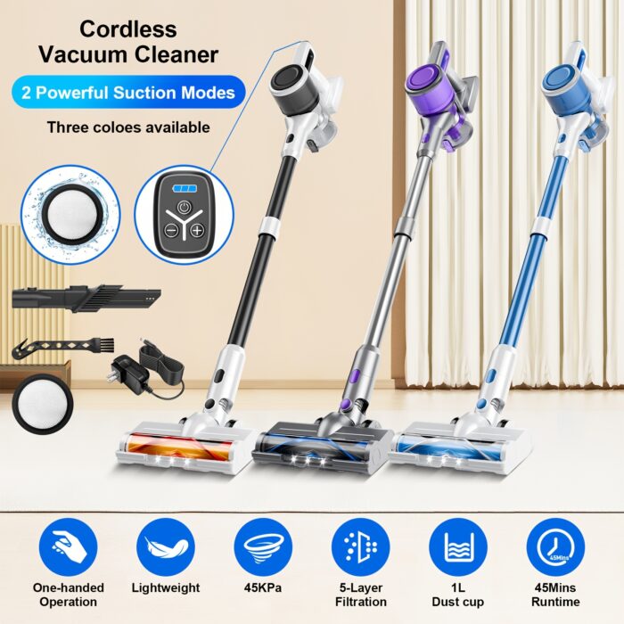 Cordless Vacuum Cleaner, 35-45kPa Powerful Stick Vacuum, Rechargeable Battery, Vacuum Cleaners for Home Anti-Tangled Lightweight Handheld for Hardwood Floor, Carpets, Pet Hair - 图片 2