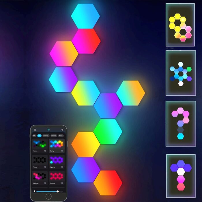 10pcs Smart Hexagon LED Wall Lights with App & Remote Control, Music Sync RGBIC Panels for Gaming Room, Bedroom, Living Room Decor - Vibrant Geometric Design, USB Powered, Color Changing Modern Lighting - Image 2
