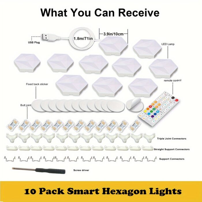 10pcs Smart Hexagon LED Wall Lights with App & Remote Control, Music Sync RGBIC Panels for Gaming Room, Bedroom, Living Room Decor - Vibrant Geometric Design, USB Powered, Color Changing Modern Lighting - Image 9