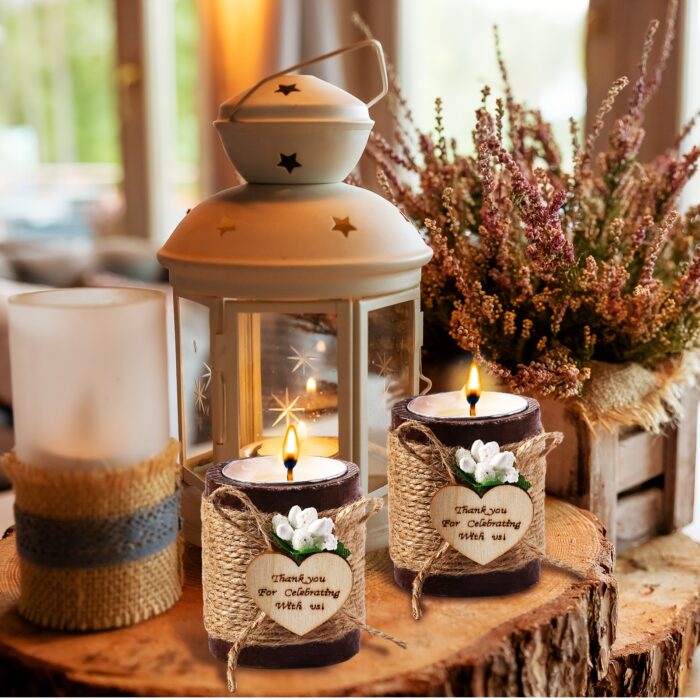 12pcs Rustic Wooden Tealight Candle Holders with Tea Lights | Cylinder Bridal Shower Wedding Baby Shower Party Favors Gift Pack (Brown) - Image 6