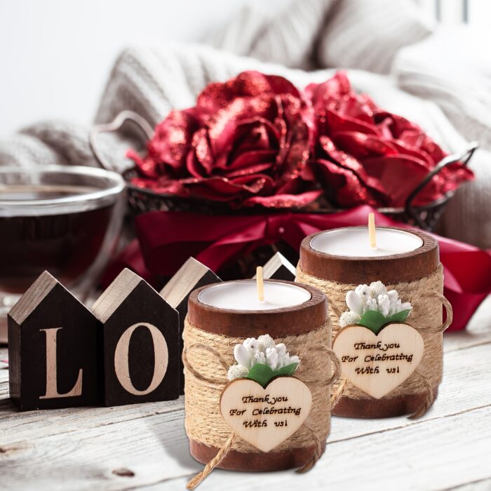 12pcs Rustic Wooden Tealight Candle Holders with Tea Lights | Cylinder Bridal Shower Wedding Baby Shower Party Favors Gift Pack (Brown) - Image 5